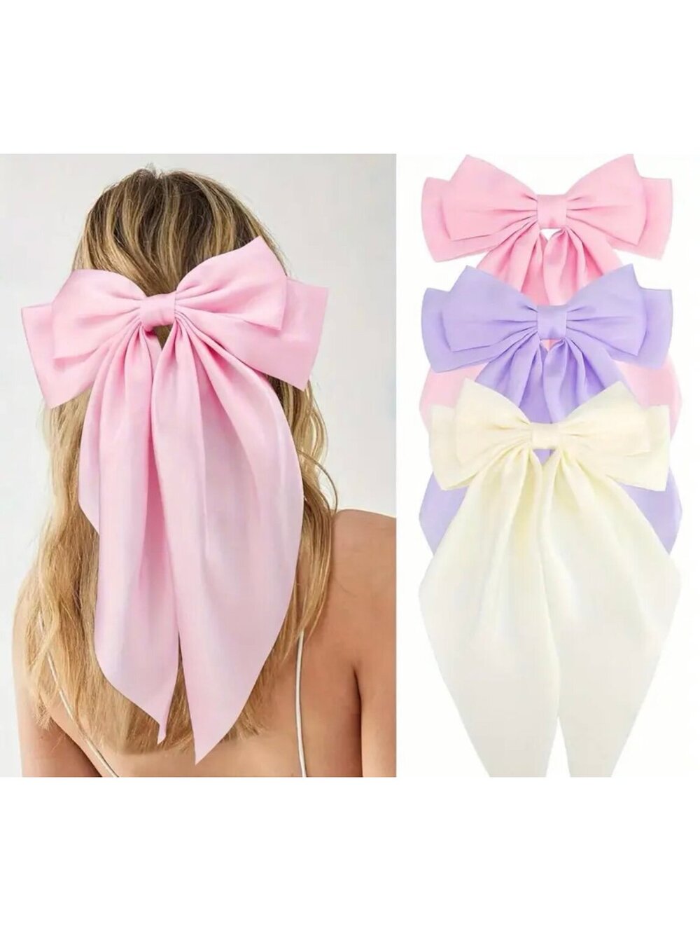 Brand New - 3Pcs - Silky Satin Large Hair Bow Clips - Pink/Purple/Cream